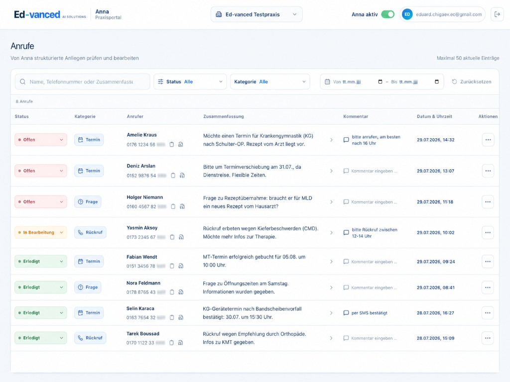 ANNA Praxisportal – Dashboard mit strukturierten Anrufen, Kategorien und Status